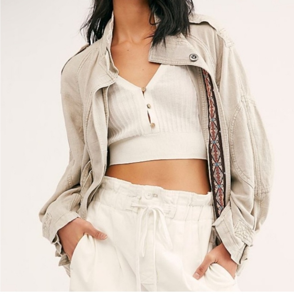 Free People Jayde Safari bomber jacket in beige, linen cotton blend EUC S M